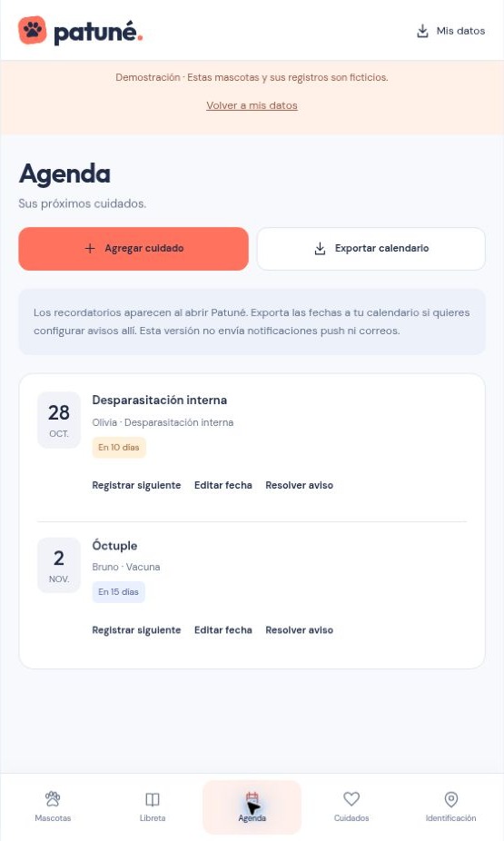 Captura completa de la agenda de cuidados en Patuné