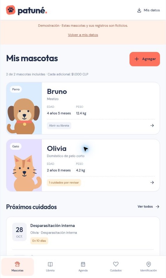 Captura completa de las fichas de mascotas en Patuné